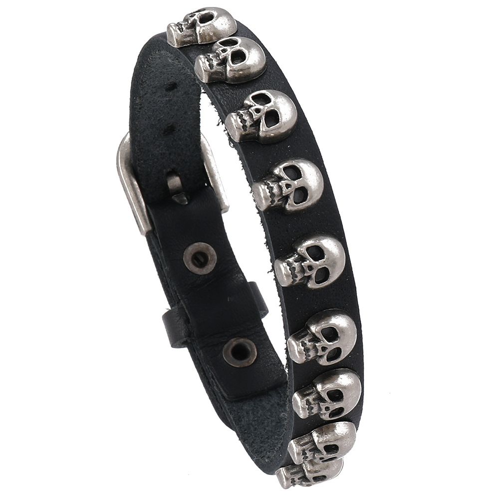 Pulseira de couro com caveira em liga metálica, estilo punk masculino, simples e versátil_voghion.com