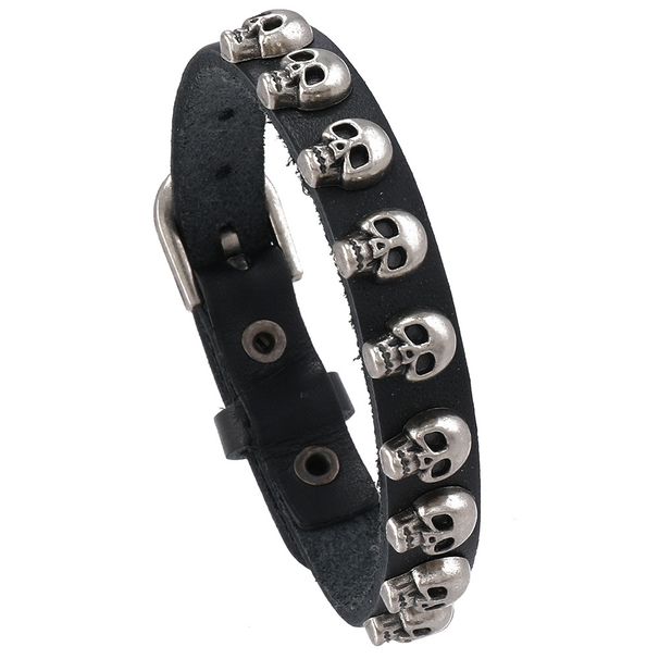 Pulseira de couro com caveira em liga metálica, estilo punk masculino, simples e versátil_voghion.com