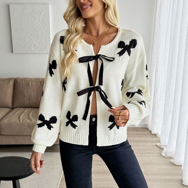 Damen-Strickcardigan mit Fliege – Süßer und stylischer Pullover mit offener Vorderseite, leichte Acrylmischung, lockere Passform, lange Ärmel (Creme)_voghion.com
