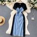Women's Clothing High-grade cool style contrast color denim patchwork dress summer women's clothing unique and beautiful waist mid-length skirt trendy_voghion.com