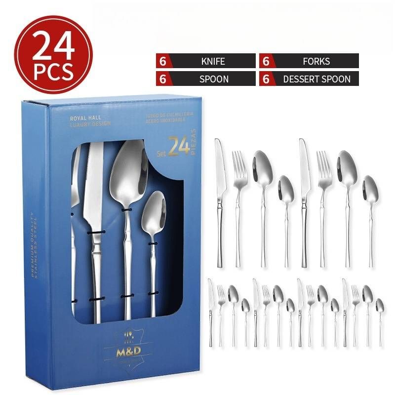 Set de tacâmuri din oțel inoxidabil cu 24 de piese - Cutie cadou subțire cu cuțit, furculiță și lingură aurii pentru friptură și mese occidentale_voghion.com