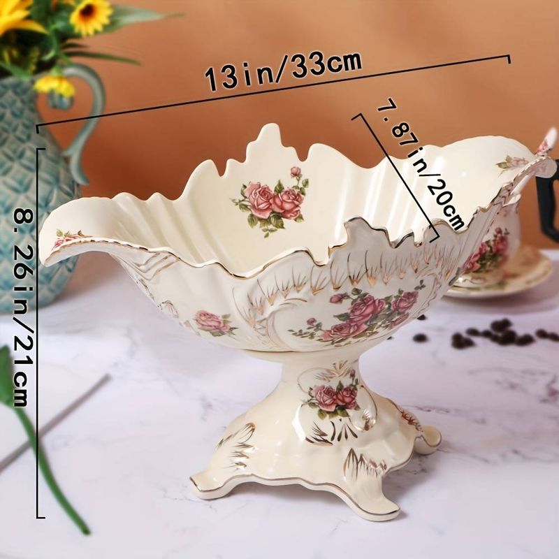 European-Style Luxury Ceramic Fruit Plate - 33.02cm Oval High-Foot Stand With Rose Printed Design, Elegant Table Decor For Home_voghion.com