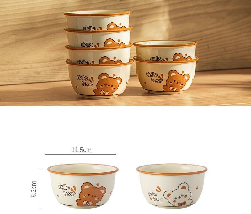 Sevimli Ayı Tasarımlı Seramik Pirinç Kase Seti - Yetişkinler İçin 4,75 İnç Porselen Yemek Takımı - Mikrodalgada Kullanılabilir ve Elde Yıkanabilir_voghion.com