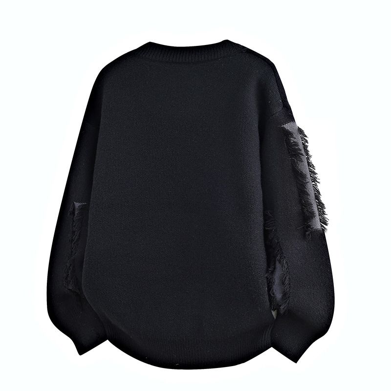 Pull oversize en maille à franges – Pull à manches longues et col rond pour homme (Blanc/Noir/Taupe, M-4XL)_voghion.com