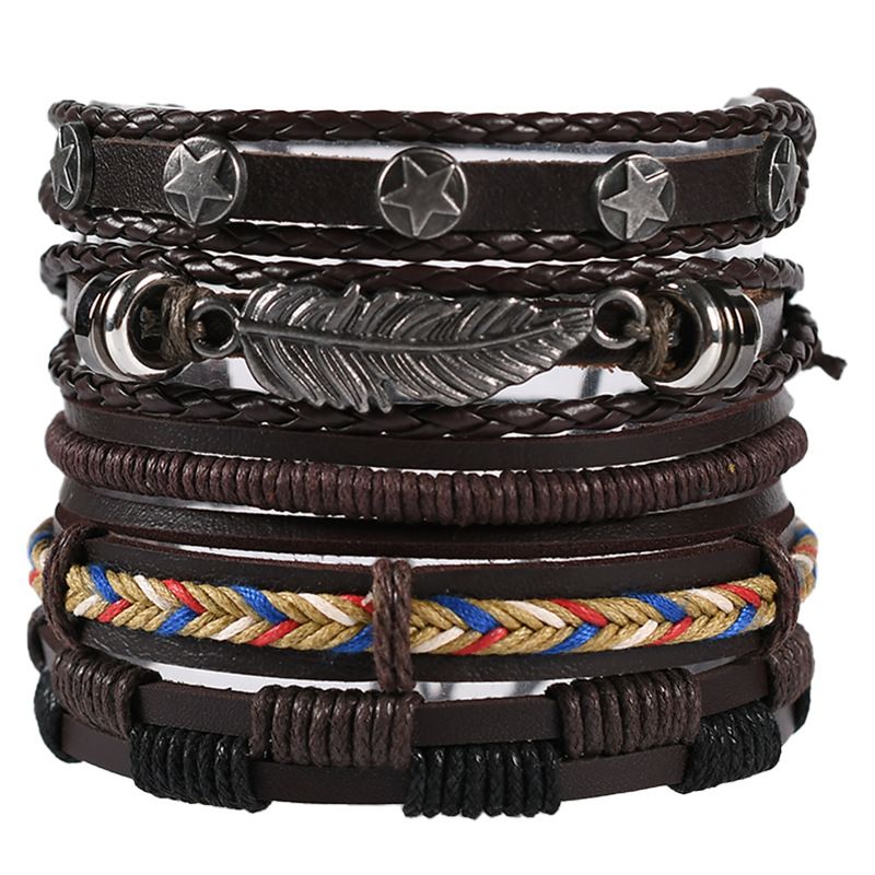 Bracciale da uomo in pelle intrecciata retrò con combinazione di foglie e stelle_voghion.com