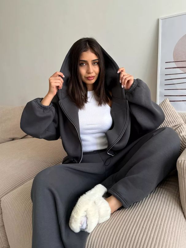 Women's Casual Solid Color Long Sleeve Zipper Cardigan Drawstring Hoodie Sweatshirt Elastic Pants Two-Piece Set_voghion.com