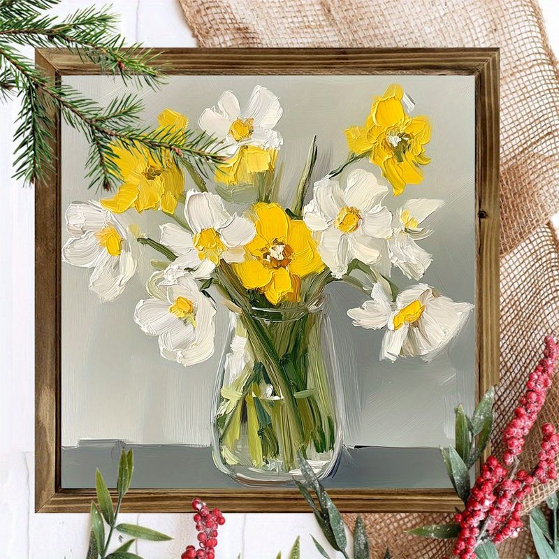 8x8" Floral Oil Painting Wood Sign - Yellow & White Flowers In Vase, Spring Wall Art For Home, Lightweight & Polished, Holiday Decor_voghion.com