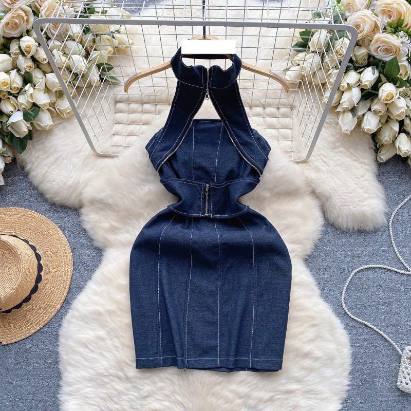 Tendenza gonna in denim da donna con cerniera di nicchia, scollo all'americana, sottile, corta, sexy, con top a tubo_voghion.com