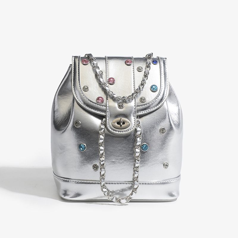 Fashion Colourful Diamond Chain Large Capacity Bucket Backpack_voghion.com