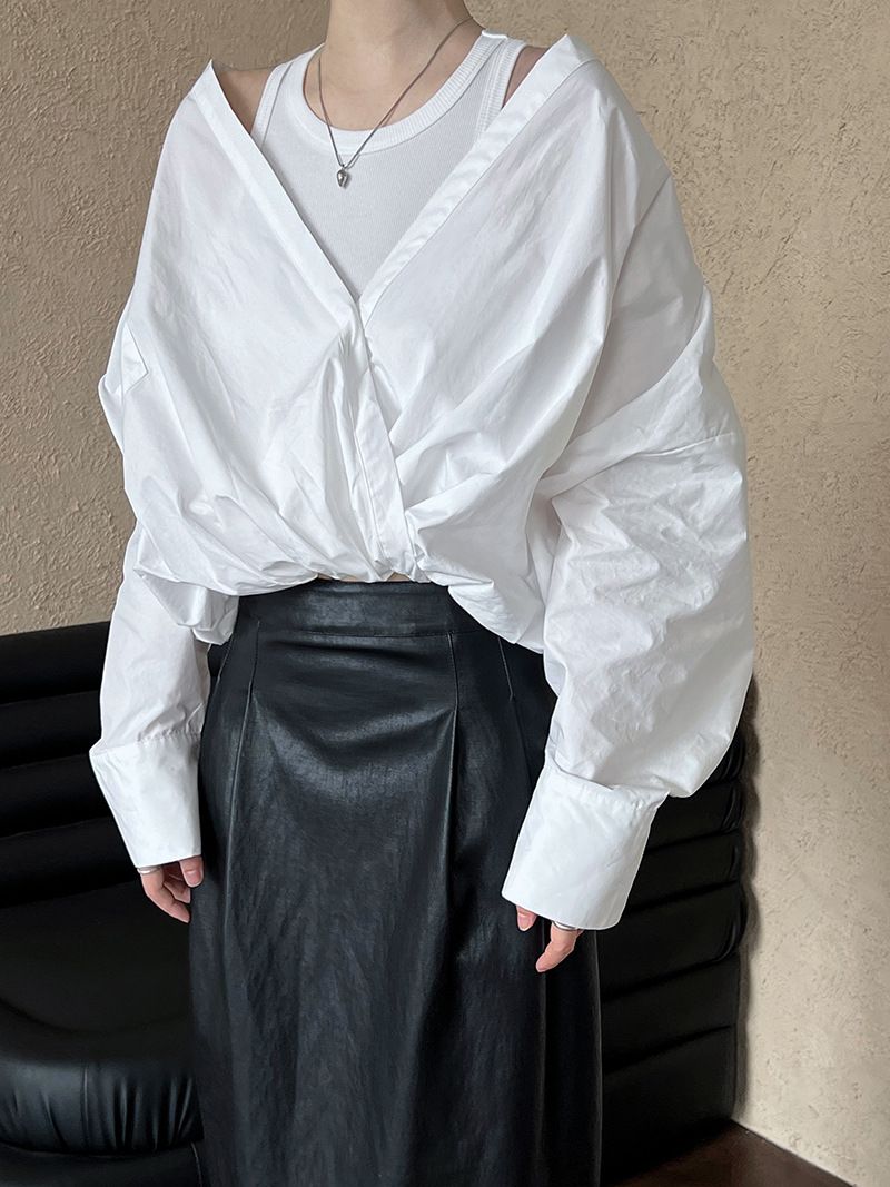 Luxi Spring French High-end Silhouette Commuting Off Shoulder Shirt With Knitted Vest Underneath, Two-piece Top For_voghion.com