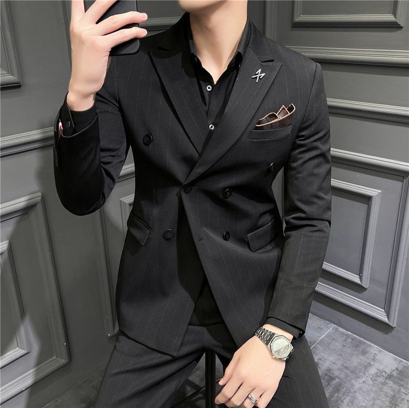 CT Gray Striped Set For Men Business Formal Casual Korean Slim Fit Wedding Banquet Tuxedo Men's Suit_voghion.com