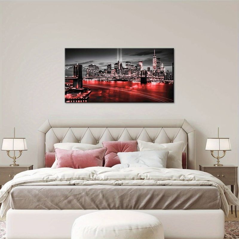 Modern NYC Skyline Wall Art Canvas Prints Painting - Black White Red Brooklyn Bridge Painting,for Living Room, Bedroom, Office -Bedroom Artwork_voghion.com
