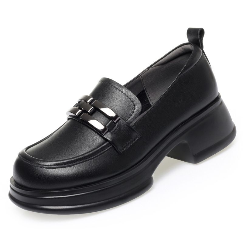 Mocassini autunnali in vera pelle, spessi, con punta rotonda, piatti, suola morbida, scarpe slip-on da donna, mocassini comodi, taglio medio in pelle di vacchetta_voghion.com