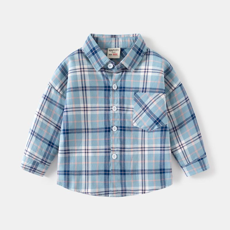 Camicia da ragazzo Camicia a maniche lunghe per bambini Camicia con colletto quadrato scozzese a spalla larga_voghion.com