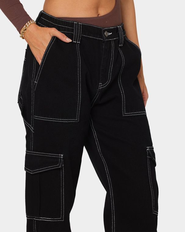 women's high-waisted elastic waistband waist-cut pants loose wide-leg workwear multi-pocket jeans_voghion.com