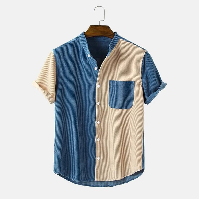 Men's casual splicing summer short-sleeved shirt men's fashion corduroy collared short-sleeved shirt_voghion.com