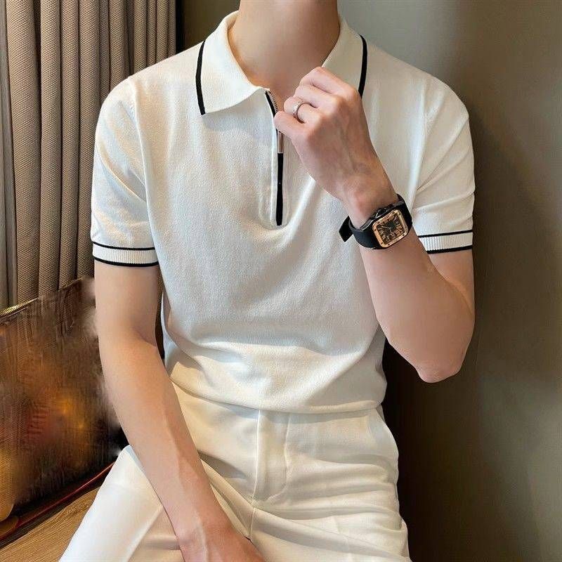 Tricou polo pentru bărbați, tricotat, cu fermoar subțire, cu mânecă scurtă, vară, casual, all-match, tricou_voghion.com