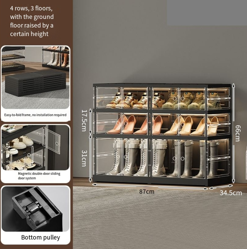 ​Foldable Shoe Organizer No Assembly Required Pull To Open Multi-Layer Large Capacity Shoe Storage Box Plastic Transparent Design_voghion.com