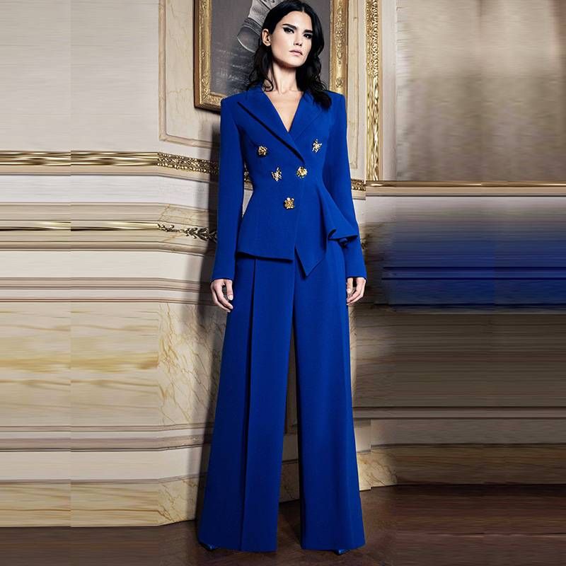 Women's Clothing Temperament Rose Buckle Butterfly Decoration Elegant Rose Button & Bow Irregular Blazer Pants Set – Stylish Two-Piece Outfit Blue_voghion.com