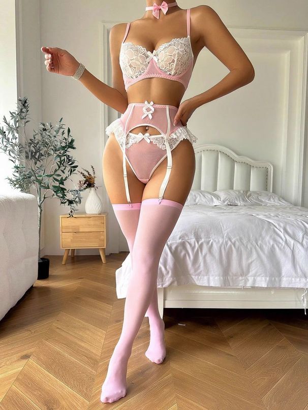 New Lingerie Set For Women Lace Mesh Bow Garter Belt Sexy Outfit_voghion.com