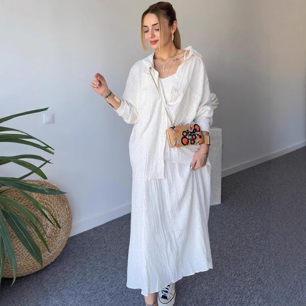 Camicia a maniche lunghe ampia e stropicciata, stile casual, da donna europea e americana, modello 2025, più bretelle lunghe, completo due pezzi_voghion.com