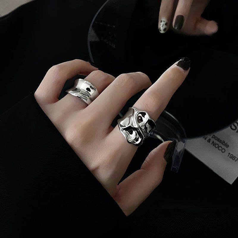 Women's silver stainless steel unusual metal geometric opening ring, 2 pieces._voghion.com