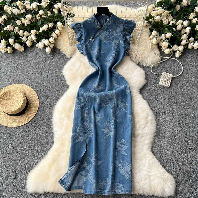 Frauen junge cheongsam kleid weibliche design nische schlitz slim fit denim langen rock_voghion.com
