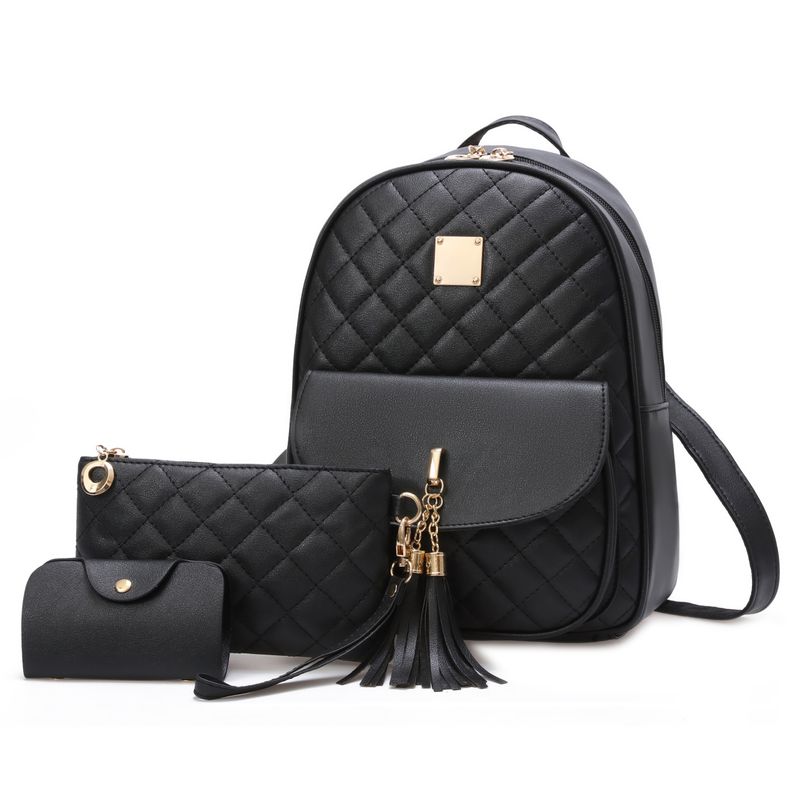 3-teiliges gestepptes Argyle-Rucksack-Set, Damen-Schultasche aus PU-Leder mit Clutch-Geldbörse und Kartenhalter_voghion.com