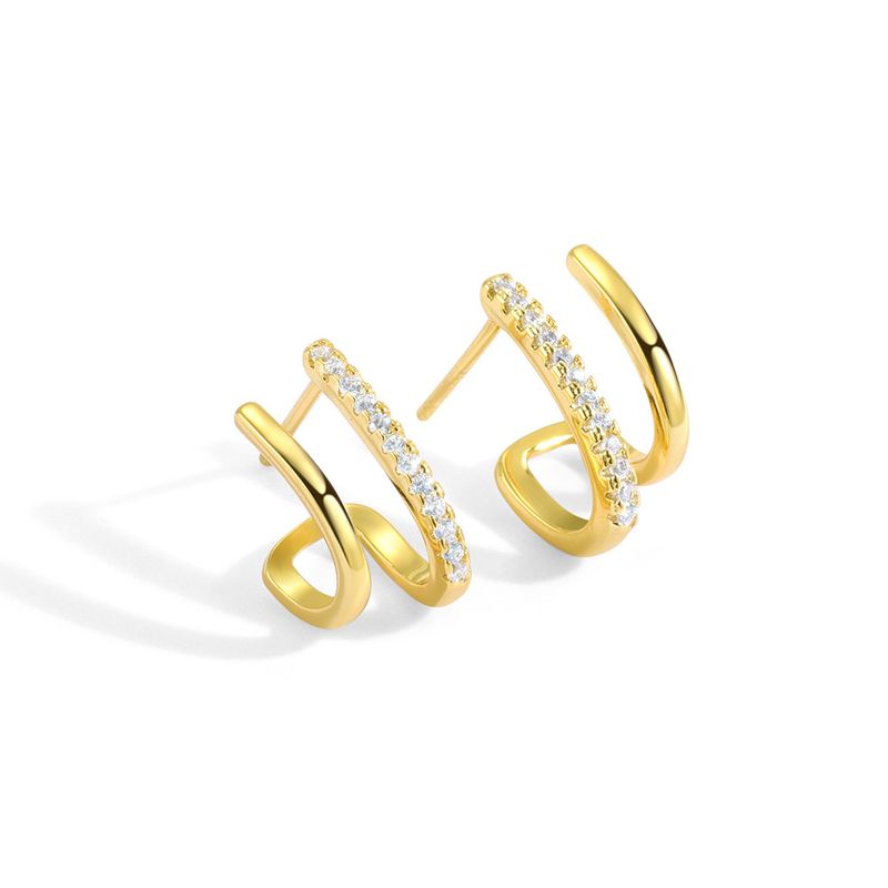Damenschmuck, geometrischer Metallstil, doppellagig, rund, mit Mikro-Intarsien aus Zirkonia, Ohrclip_voghion.com