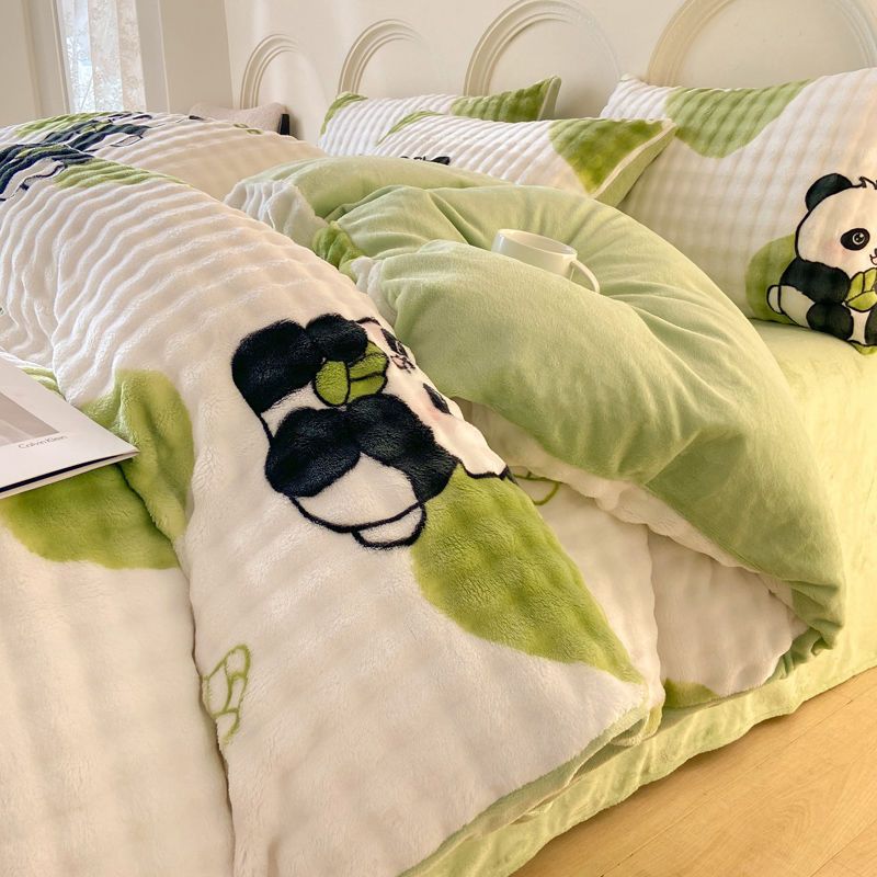 Copripiumino invernale in pile corallo con motivo a bolle di cartone animato, set da tre pezzi, caldo set di biancheria da letto in velluto di coniglio_voghion.com