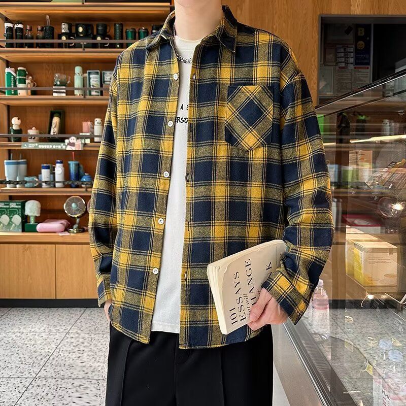 Checkered Long Sleeved Shirt Loose Fitting Men's Spring And Autumn Trendy Versatile Casual Jacket_voghion.com