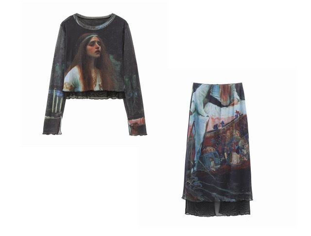 Abbigliamento da donna, camicia elastica con stampa serigrafica, top a maniche lunghe, gonna in rete, completo da donna_voghion.com