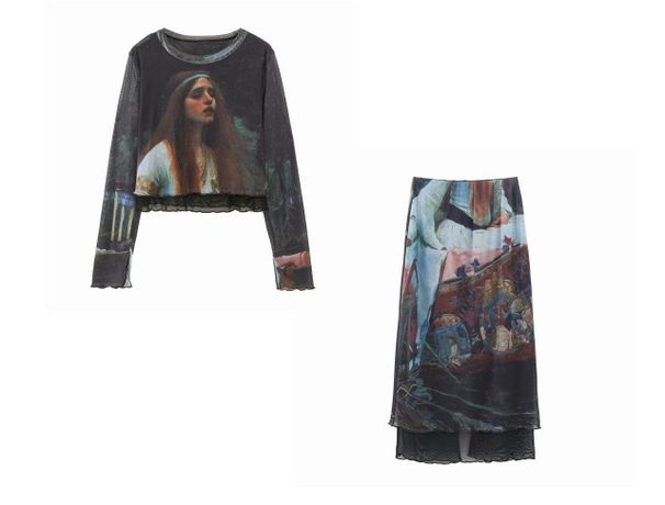 Abbigliamento da donna, camicia elastica con stampa serigrafica, top a maniche lunghe, gonna in rete, completo da donna_voghion.com