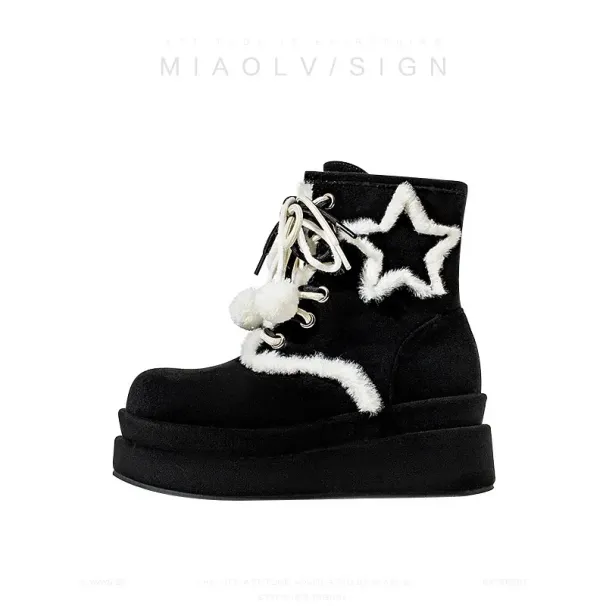 Women's 2024 Winter Fleece Star Print Fashion Boots: Warm, Trendy, Versatile, Thick Sole, Height Increase, Khaki E7d9_voghion.com