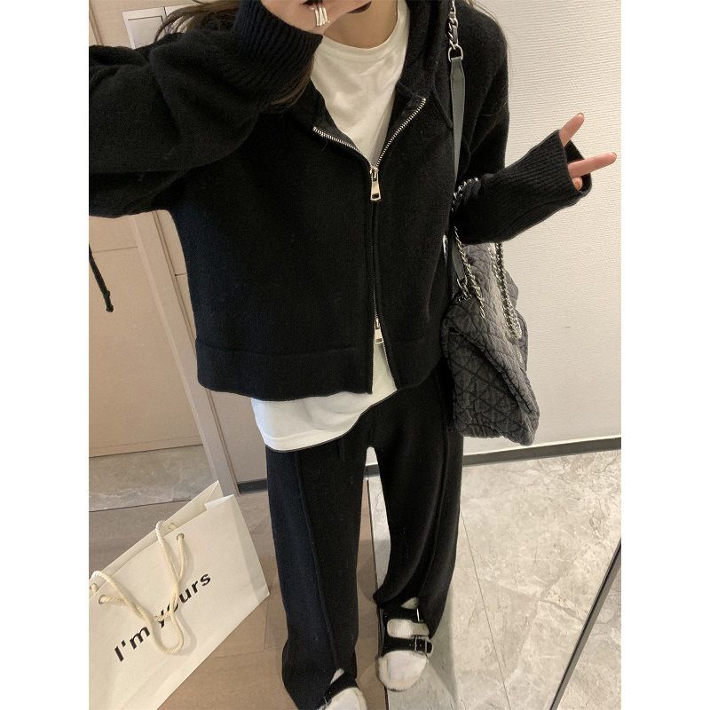 Women's Clothing new zipper hooded sweater two piece spring and autumn casual fashion split knitted wide leg pants suit for women_voghion.com