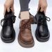 Mocassins en cuir style britannique transfrontalier pour femme, nouveauté printemps, bout rond simple, lacets, talon carré rétro._voghion.com