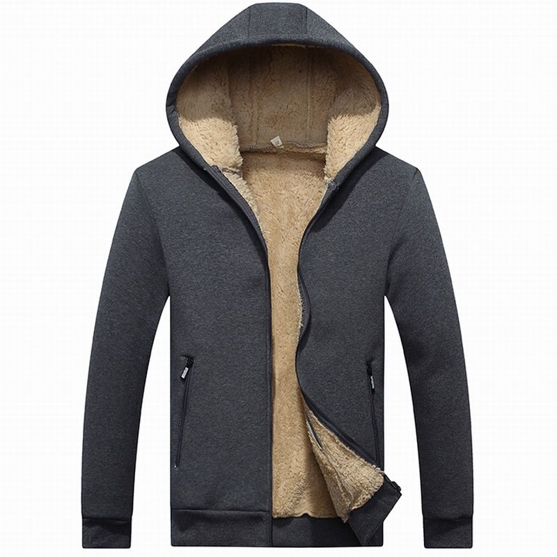 Herrenbekleidung Herren-Sweatshirt mit Kapuze und Reißverschluss und Fleecefutter – 100 % Baumwolle, Sherpa-gefütterte Jacke mit geripptem Saum, warmer Winterpullover (Schwarz, Dunkelgrau)_voghion.com