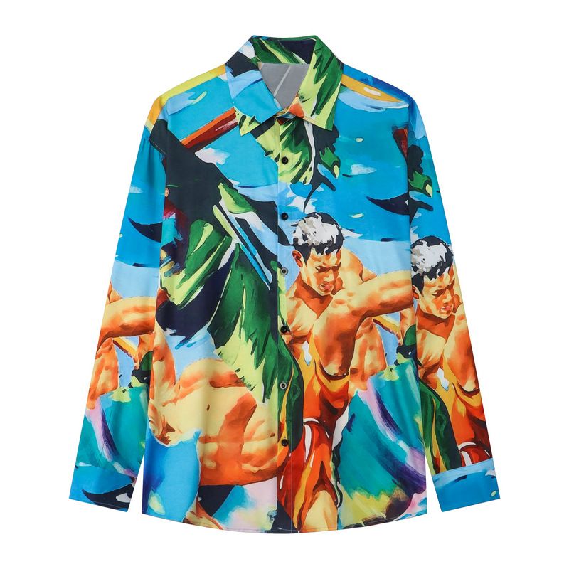 Herrenbekleidung High Street Blumenhemd Stil Strand Volldruck Langarmhemd Jugend Strand Strickjacke Männer_voghion.com