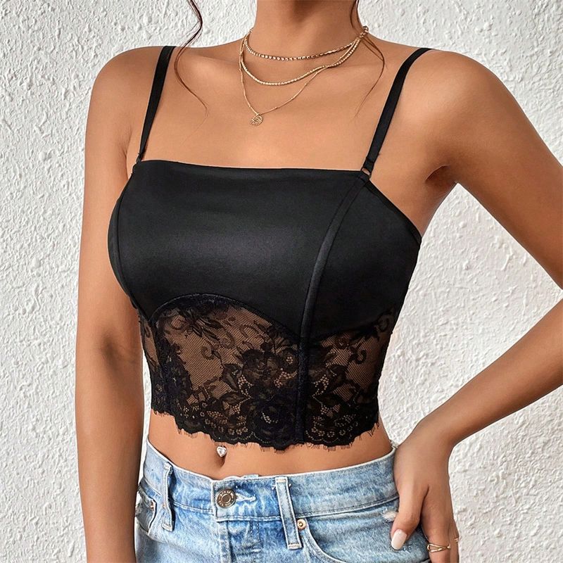 Women's clothing hot-selling INS internet celebrity lace eyelash border sexy solid color versatile fashionable small suspender top for women_voghion.com