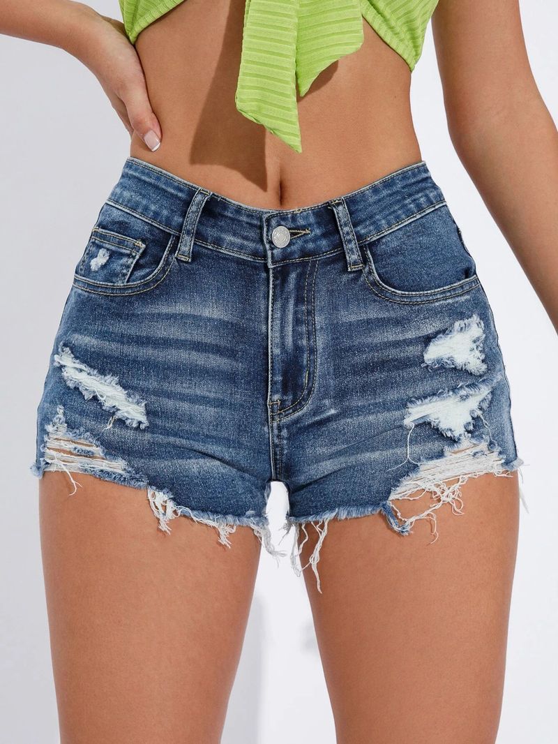 Pantaloncini in denim da donna a vita alta, elasticizzati e con fori tagliati, blu_voghion.com