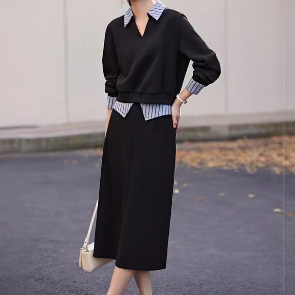 Damenbekleidung Herbst Retro Patchwork Design Hemdkragen Pullover Anzug Damen Casual Einfache Zweiteiler Zweiteiler_voghion.com