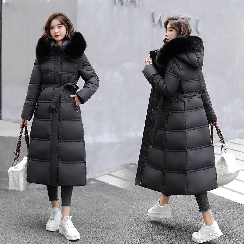 Women's clothing long-sleeved big fur collar thickened mid-length temperament lace-up waist down jacket_voghion.com