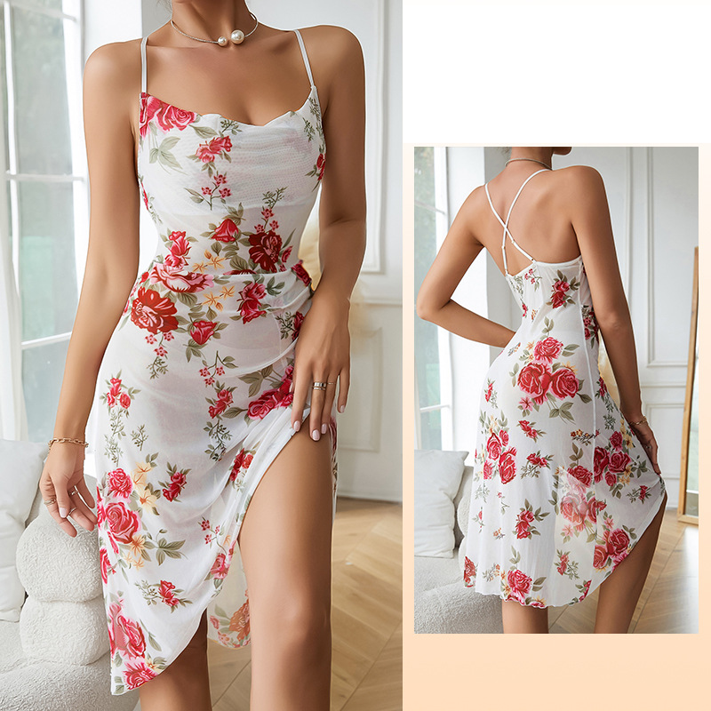 Women's Clothing Feiyun New Mesh Flower Print Swing Collar Tube Top Irregular Skirt Suspender Skirt Home Clothes_voghion.com