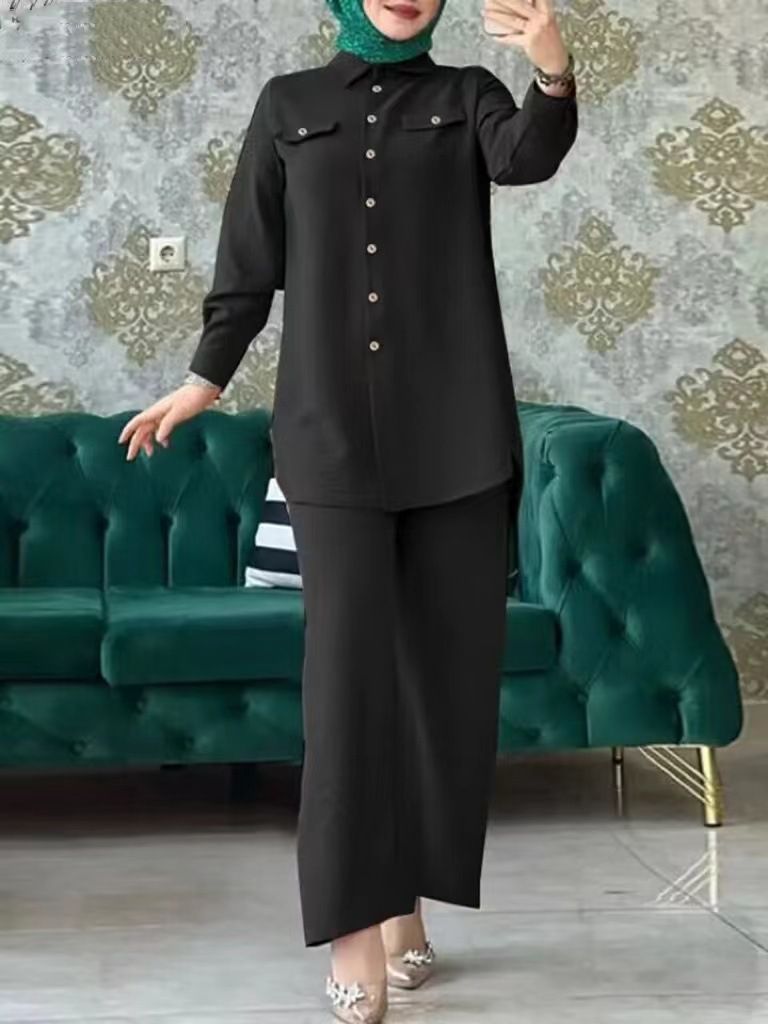 Zweiteiliges Set aus einfarbigem, langärmligem, langärmligem Hemd und Hose mit Taschenklappe aus Holz für Damen aus dem Nahen Osten im muslimischen Stil auf Lager_voghion.com