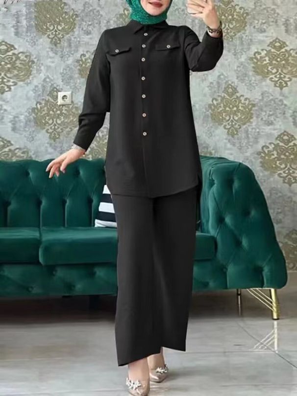 Zweiteiliges Set aus einfarbigem, langärmligem, langärmligem Hemd und Hose mit Taschenklappe aus Holz für Damen aus dem Nahen Osten im muslimischen Stil auf Lager_voghion.com