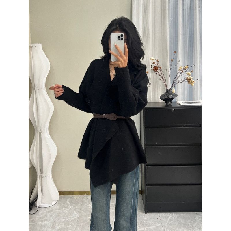 ​​Elegante Damen-Strickjacke im koreanischen Stil, grob gestrickt, asymmetrischer Saum, Gürtel, Langarm-Blazer, Revers, Pullovermantel mit Knopfleiste​​_voghion.com
