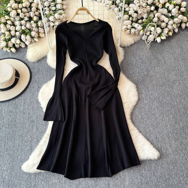 Women's Clothing 2024 autumn and winter new solid color slim fit long sleeve bottoming sweater long skirt a line over knee knitted dress_voghion.com