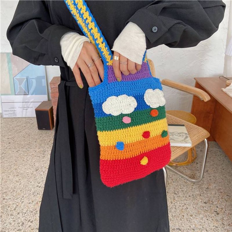 Pride Month Rainbow Knit Bag Set - Mini & Large Korean Crochet Tote Crossbody Bag, Cute Girly Handmade Shoulder Purse (LGBTQ+ Gift)_voghion.com