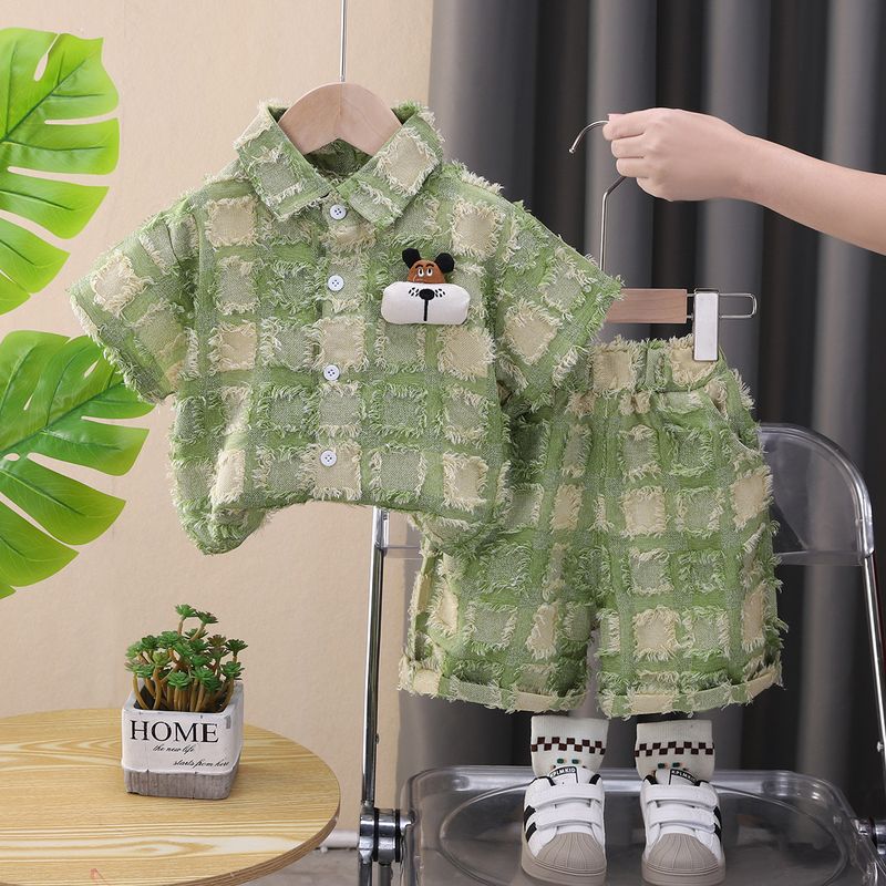 Tenue d'été pour garçon, vêtements tendance pour enfants, ensemble deux pièces short à gros carreaux pour bébé_voghion.com