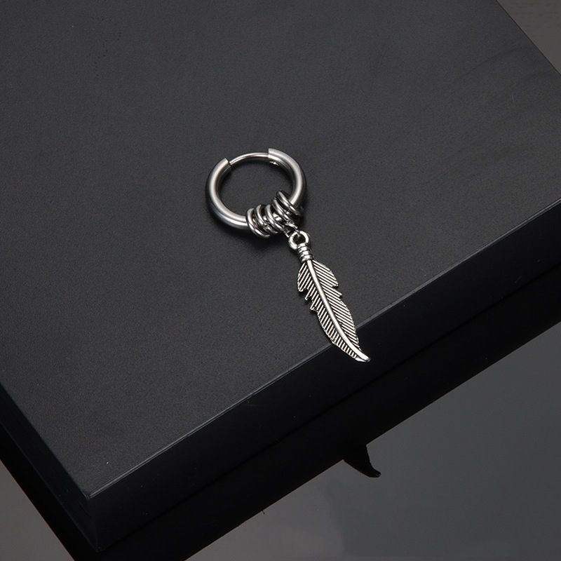 Orecchini a spirale in acciaio inossidabile con borchie a forma di piuma, unisex, alla moda, da strada, hip hop, non forati, alla moda_voghion.com